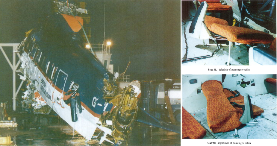 Wreckage of S-61N G-BEWL after the Brent Spar accident and examples of collapsed seats (Ctedit: AAIB)