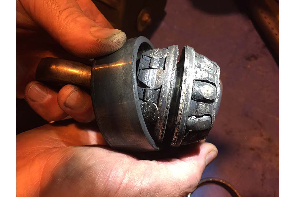 Severely distressed tail rotor pitch change shaft (TRPCS) double row angular contact bearing from CHC Sikorsky S-92A G-WNSR (Credit: UK AAIB)