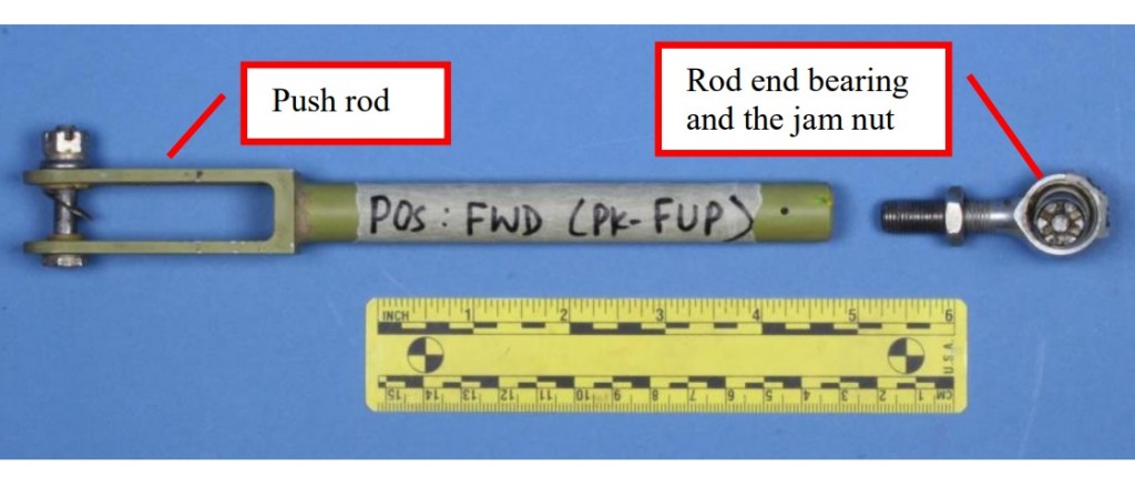 Disconnected Forward Main Rotor Servo Push Pull Rod and Rod End Bearing from Heavilift Sikorsky S-76C+ PK-FUP (Credit KNKT/NTSC)